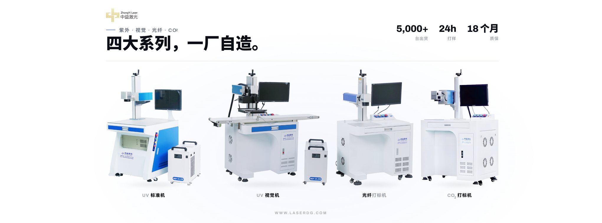 中益激光四大打标系列：紫外标准机、紫外视觉机、光纤打标机、二氧化碳打标机